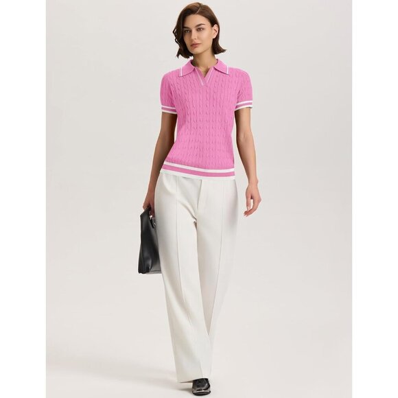 Elegant Women's Summer Cable Knit Sweater - Pink & White Stripe, Size X-Large - Picture 5 of 5